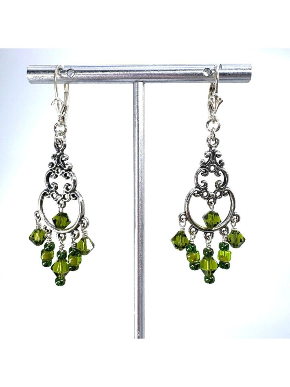Chandelier Dangle Earrings Peridot Green Crystal 925 Sterling Silver 2.25" L